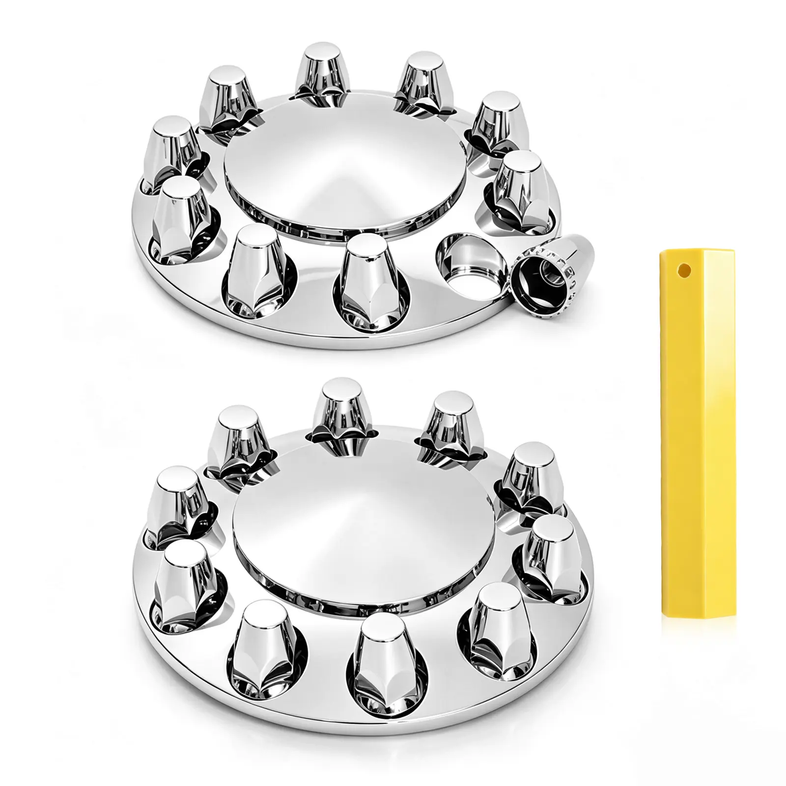 Chrome ABS Axle Wheel Cover Set - Full Front 2-Piece Kit, 11.25" Bolt Pattern, Car Tire Hub Centre Caps, 33mm Thread-On Dome Lug Nut Covers, Thread-On Nuts, Includes Wrench, Plastic, None