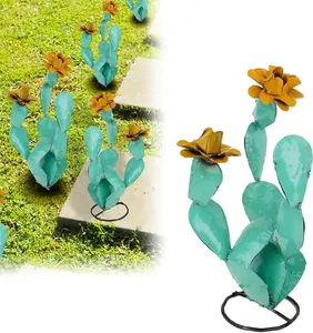 Metal Cactus Outdoor Decor – Rustic Iron Cactus Yard Art Sculpture for Garden, Patio, Lawn, or Balcony (Green)