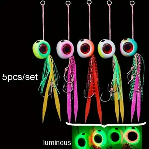 5-Pack Luminous Squid Fishing Lures Set, 60g Silicone Jig Baits with Dual Stainless Steel Hooks, Glowing Deep Sea Offshore Trolling Rigs, ABS Saltwater Squid Skirts - Attractant Fishing Gear