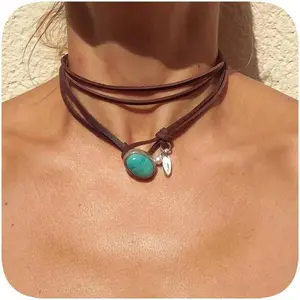 Boho Choker Necklace for Women Western Leather Shell Cord Trendy Layered Western Turquoise Accessories Necklaces Jewelry for Women Girls
