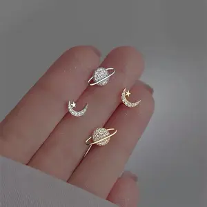 2-Pairs Golden&Silvery Personalized Planet Moon Asymmetrical Earrings Set Exquisite Shiny Star Moon Women Stud Earrings Sparkling Inlaid Cubic Zirconia Earrings Party Birthday Wedding Engagement Anniversary Jewelry Gift