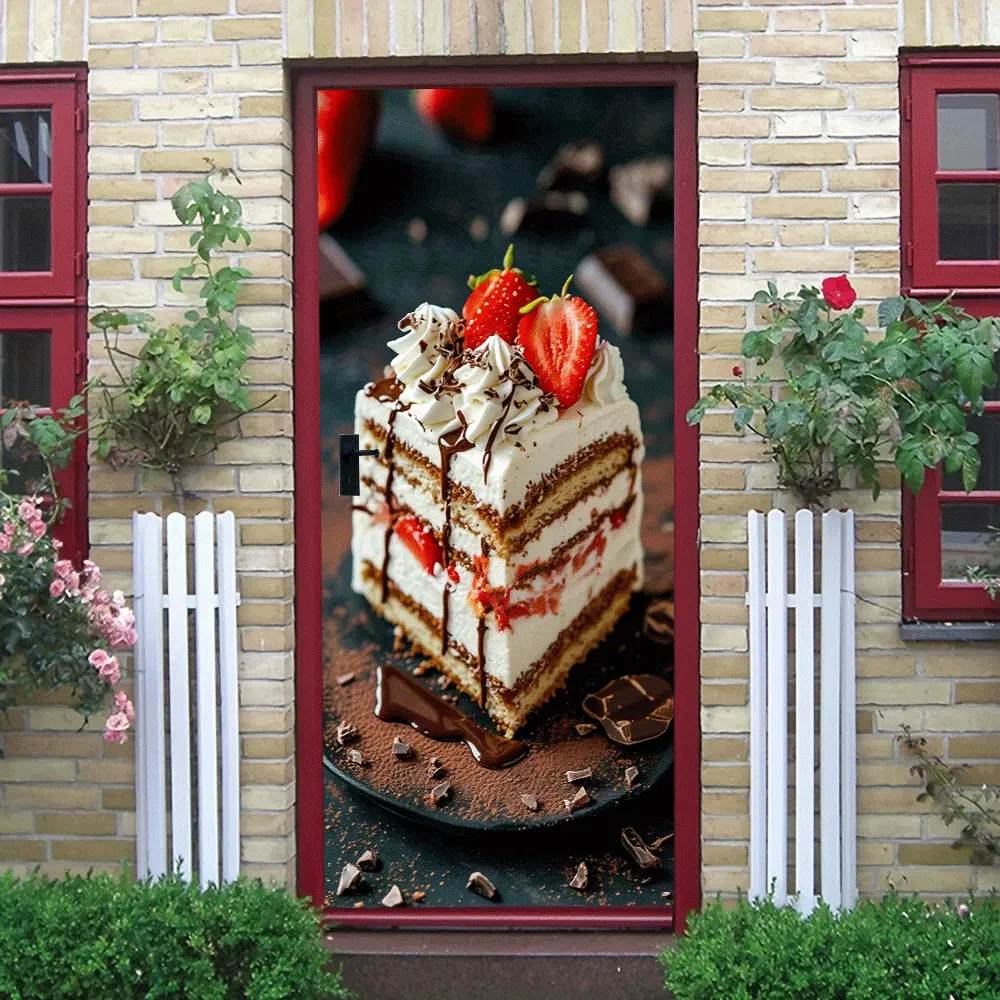 2pcs Strawberry Cake Door Sticker, Kitchen Theme Art Wall Sticker, Modern Living Room Entrance Decoration Sticker, Self-Adhesive and Removable, Bedroom Sofa Background Wall Creative Mural Home Decor
