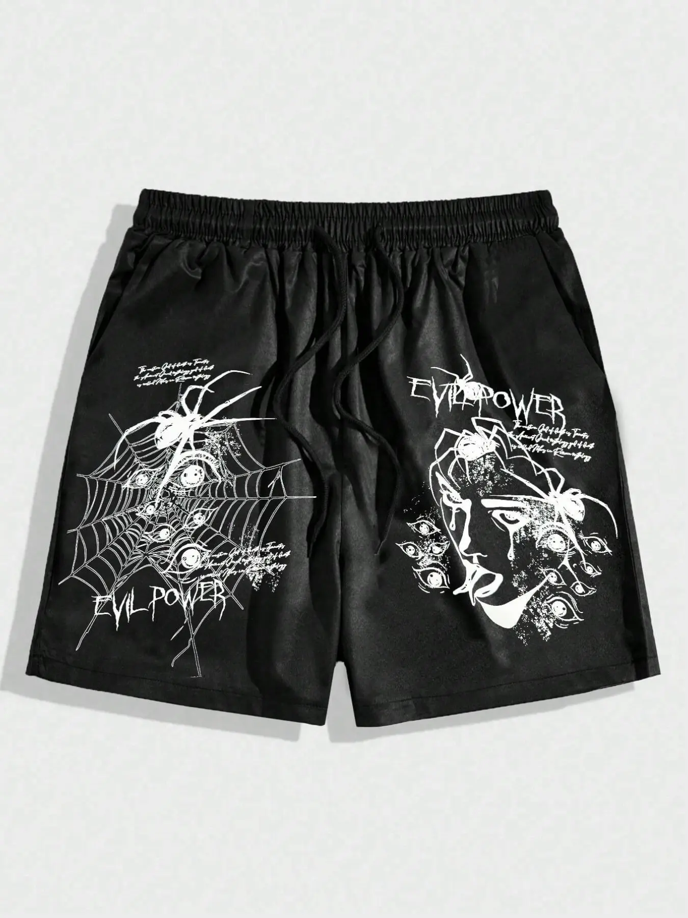 Edgy Grunge Evil Power Spider & Eye Print Satin Shorts – Dark Aesthetic Streetwear for Clubwear & Edgy Street Style 2026
