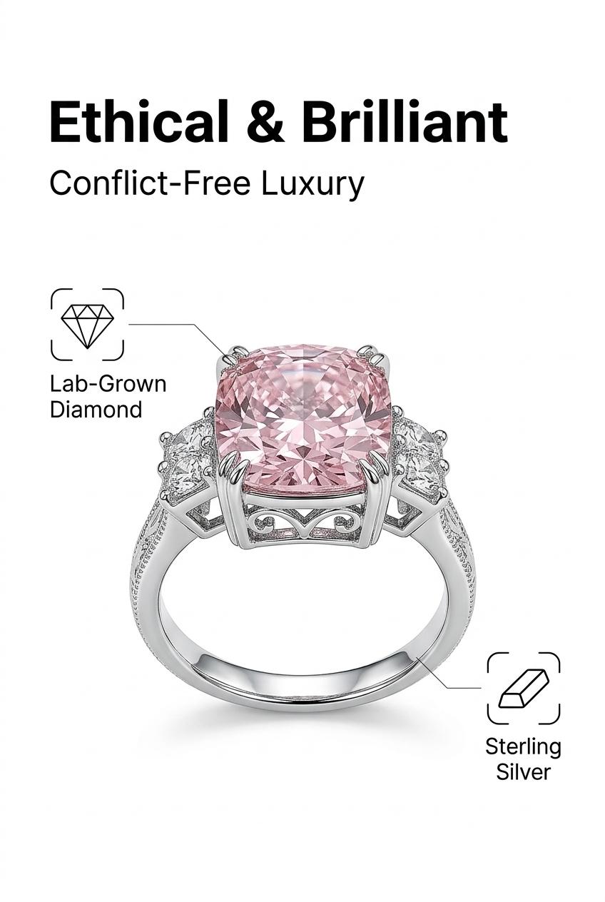 Luxury Cushion Cut Pink Diamond Ring, White Gold Plated Color Gemstone Ring, Elegant Party Index Finger Ring