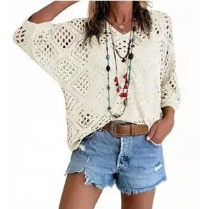 Women’s V-Neck Hollow Knit Sweater – Loose Batwing Sleeve Lightweight Cover Up