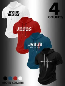 Men's 4 Pack Jesus Christian Faith Hooded T Shirts, Religious Jesus Slogan Short Sleeve Tees Set, Casual Tops for Daily Wear, Church, Menswear #springsaledeals2026 #summeroutfits #tiktokshopmademebuyit #menfashion