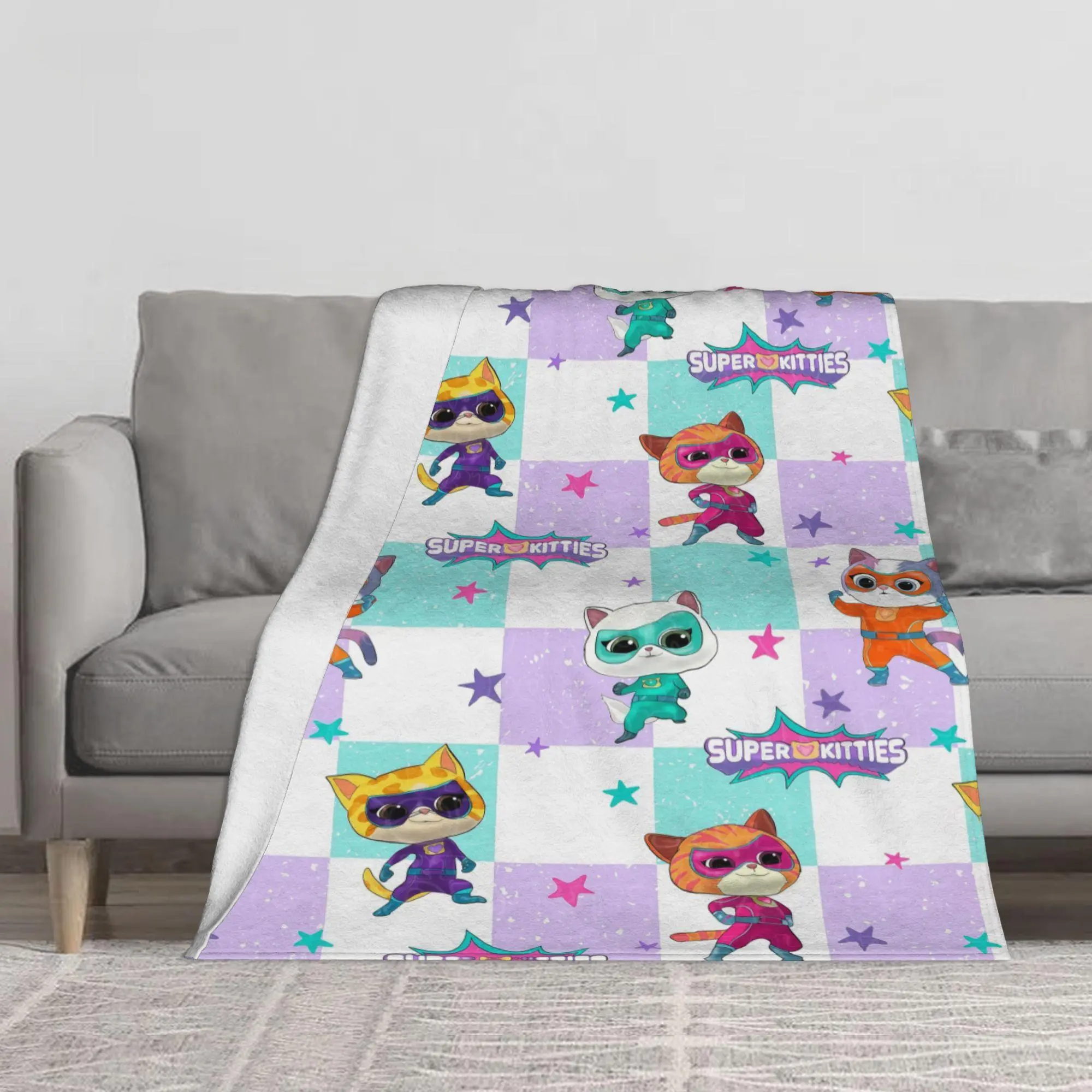 SuperKitties Kids Cartoon Flannel Fleece Blanket, Multi‑Size Cozy Soft Plush Throw, Super Hero Kittens Cartoon Characters Printed Blanket for Couch Bed, Sweet Gift for Preschool Children