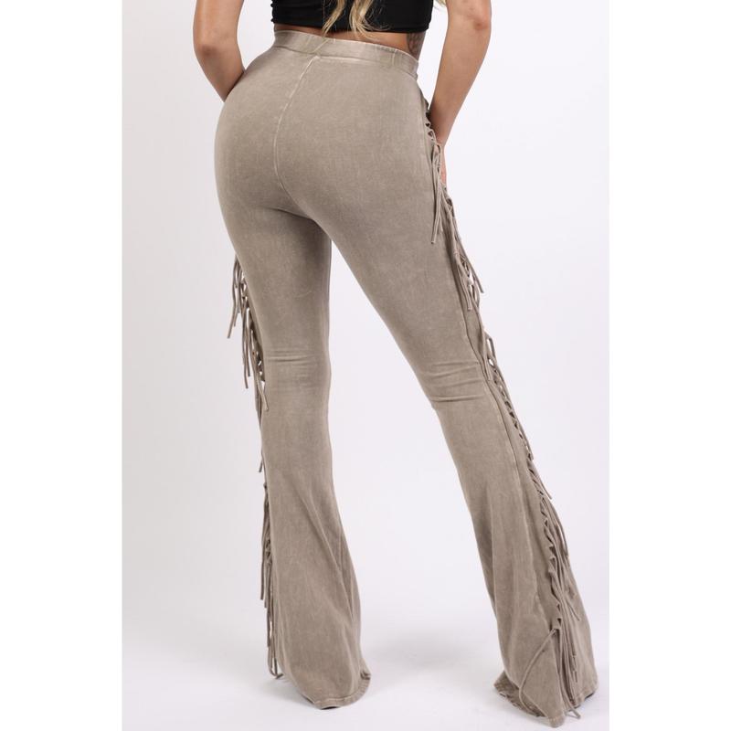 Fringe-Detailed Mineral Washed Pants for Women - Comfortable Cotton and Elastic Design with Flared Side Detail