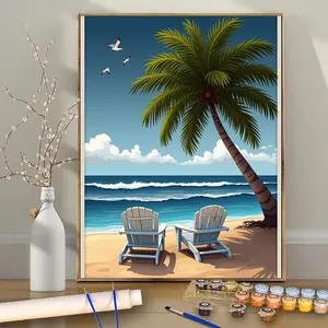 Paint by Numbers Kit for Adults Beginners, 12x16inches Masterpiece, Tropical Seaside Scene, Beach Theme, Coconut Tree, 24color Acrylic, DIY Painting, Seating Chairs, Digital Painting, Wall Decor, Home Furnishing, Birthday,  Christmas, Halloween,