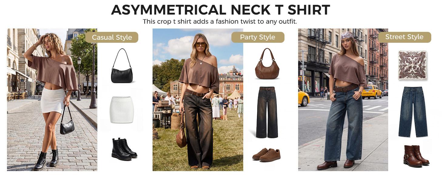 Fisoew Womens Cotton Off-Shoulder Crop Top Loose Batwing Sleeve Asymmetrical Neck Casual Tee for Summer Daily Wear & Loungewear Womenswear Women's Clothes, T Shirts,summerwins,summeroutfits,vacationoutfits,beachoutfits #Summerwins #DealsForYouDays