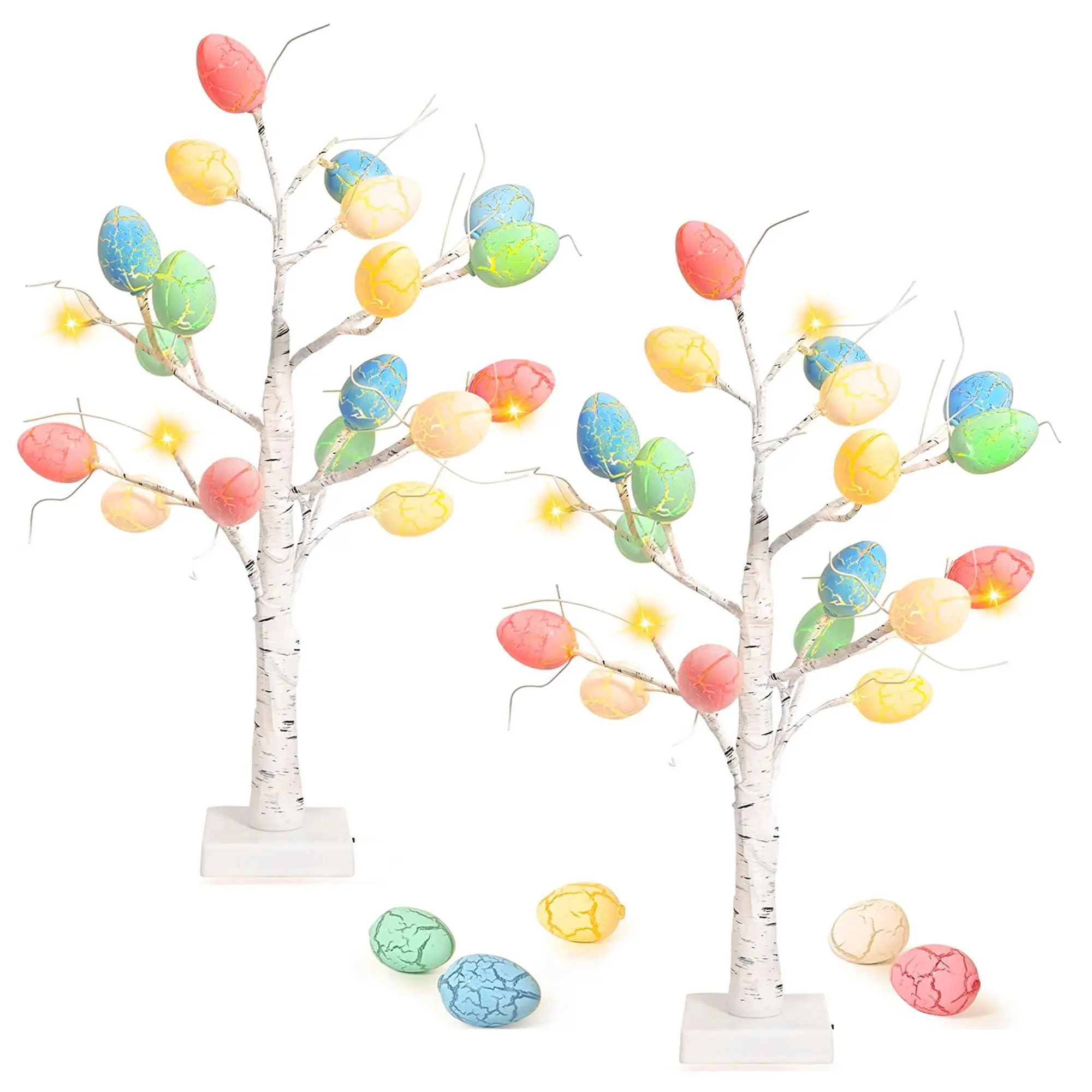 Pre-lit Easter Egg Tree Light, 24-in White Birch Tree with 24 Cracked Egg Ornaments, Battery-Operated LED Decorative Light for Spring, Easter Party & Home Decor