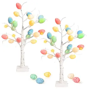 Pre-lit Easter Egg Tree Light, 24-in White Birch Tree with 24 Cracked Egg Ornaments, Battery-Operated LED Decorative Light for Spring, Easter Party & Home Decor
