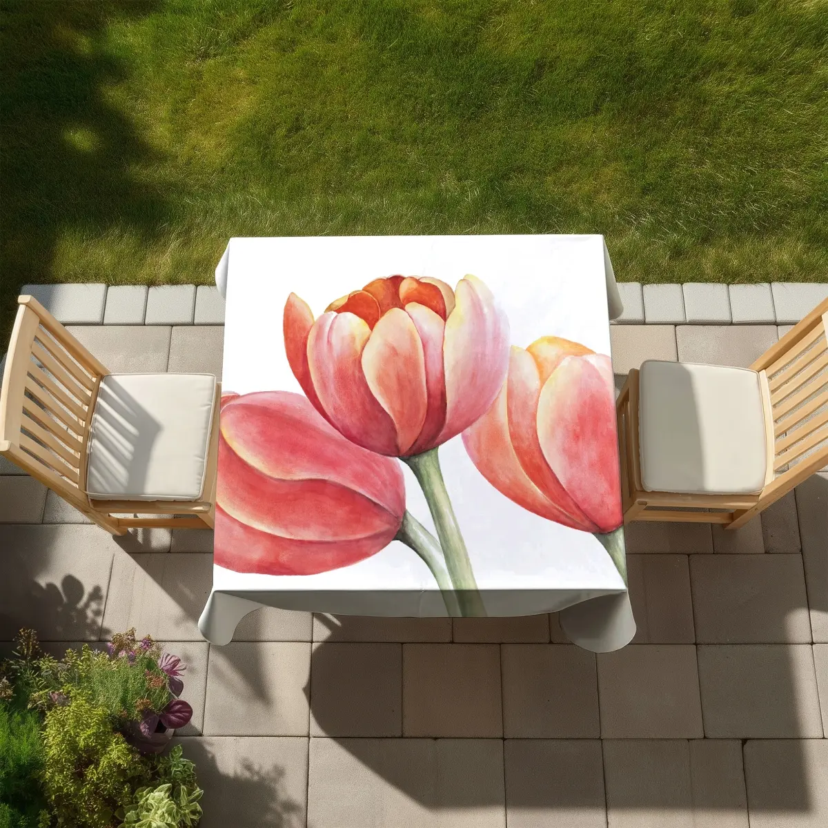 360 stand Water Resistant Tulip Print Tablecloth - 58X58" in, 3 Tulip Closeup Design, Rustic Farmhouse Decor, Easy Clean, Indoor/Outdoor Kitchen Linens & Household Textiles Tabletop Use, Garden Dining Table, Patio Decor, Floral, Home Decor