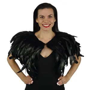 ZUCKER Black Feather Cape with Iridescent Rooster Coque Tails Velvet Ribbon Trim Unique High Collar Design for Fashion Costume Satin Womenswear Elegant Feather Cape with Dyed Iridescent Rooster Coque Tails