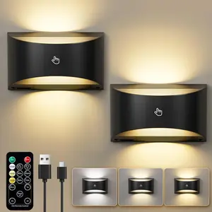 Magnetic , Rechargeable Battery Powered Wall Sconce with Remote Control, Wireless Up and Down for Hallway Bedroom Bedside Living Room (Black)