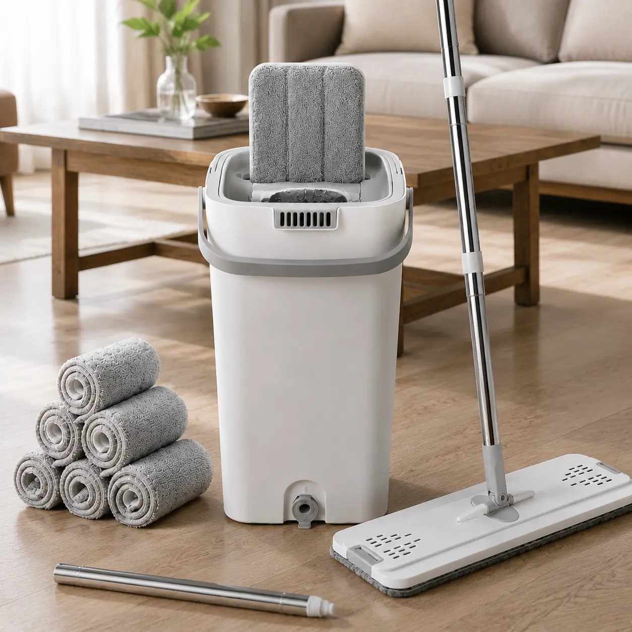 Household mop and bucket set: includes 6 replaceable ultra-fine microfiber mop pads, hands-free mop design, flexible rotating flat mop for dry and wet cleaning, bucket squeegee, easy to clean, cleaning supplies, cleaning tools.