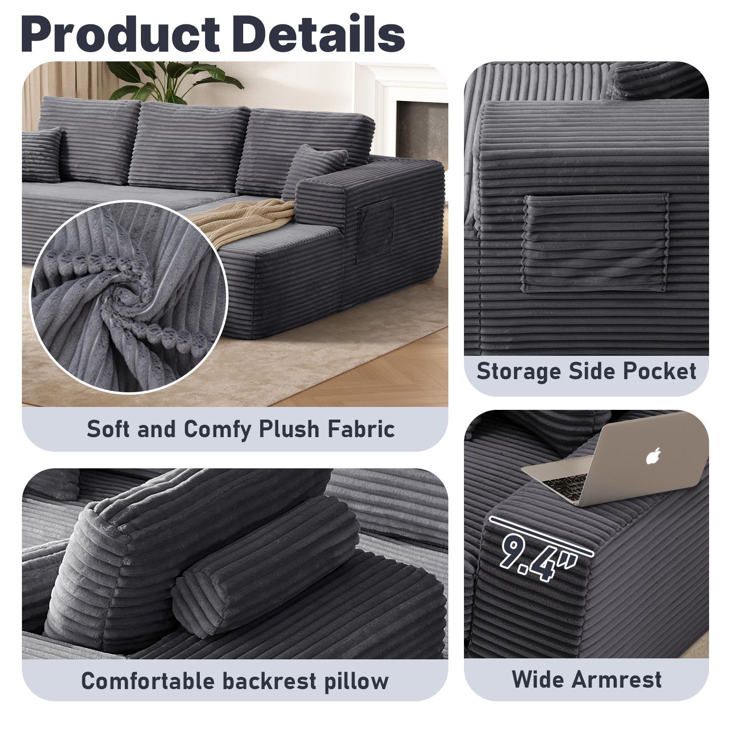 96.9" Cloud Sectional Sofa with L-Shape Chaise and Side Pockets , bonelesscouches compression bed ,Modern Modular Design, Deep Seating, Upholstered for Living Room/Bedroom, No Assembly Required (Corduroy Fabric), Left-facing 96.9" Cloud Sectional Sofa with L-Shape Chaise and Side Pockets , bonelesscouches compression bed ,Modern Modular Design, Deep Seating, Upholstered for Living Room/Bedroom, No Assembly Required (Corduroy Fabric), Left-facing