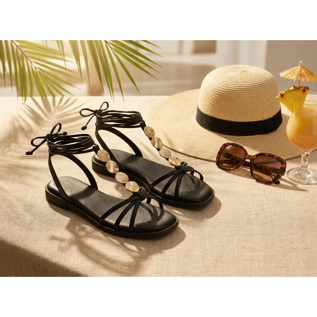 Women's Casual Flat Sandals, Elegant Summer Style with Beaded Detailing and an Adjustable Braided Ankle Strap, Women Sandals, Adjustable Braided Strap Women's Casual Sandals