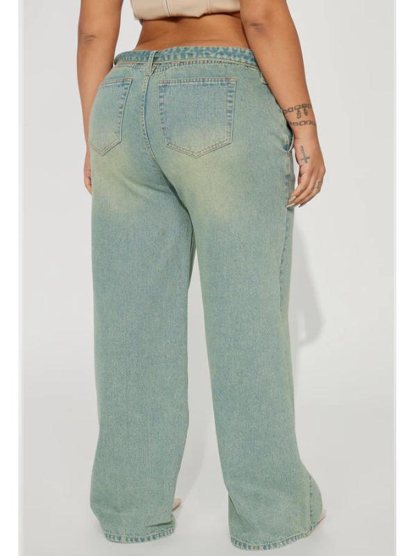 Frankie Foldover Tinted Wide Leg Jeans - 90s Inspired Baggy Style with Mid Rise & Fixed Fold-Over Waistband - 33" Inseam - Medium Wash - 71% Cotton 19% Rayon 10% Polyester