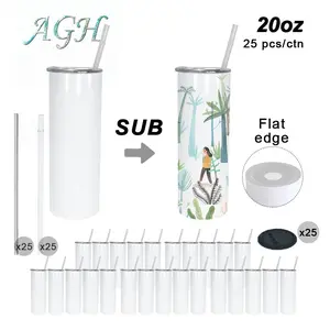 AGH 25pcs 20oz Sublimation Blank Flat edge Tumbler with Metal Straw Rubber Bottom Stainless Steel Double Wall Insulated Cup Flask Drinkware Portable