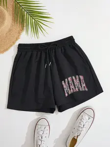 Women's Letter Print Adjustable Drawstring Waist Shorts, Casual Elastic Waist Pocket Shorts for Summer, Ladies Bottoms for Daily Wear