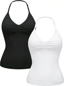 EGRILLES 2PCS Women's Basic Halter Neck Solid Impact Longline Strappy Top Yoga Sports Bra Removable Padding