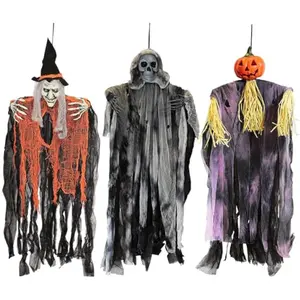 3 Pack 35 Hanging Ghosts Witch Pumpkin Decor Hanging Halloween Decorations Outdoor Halloween Decor, Scary Flying Witch Grim Reapers Haunted House Front Porch Decor Yard Garden Lawn Party