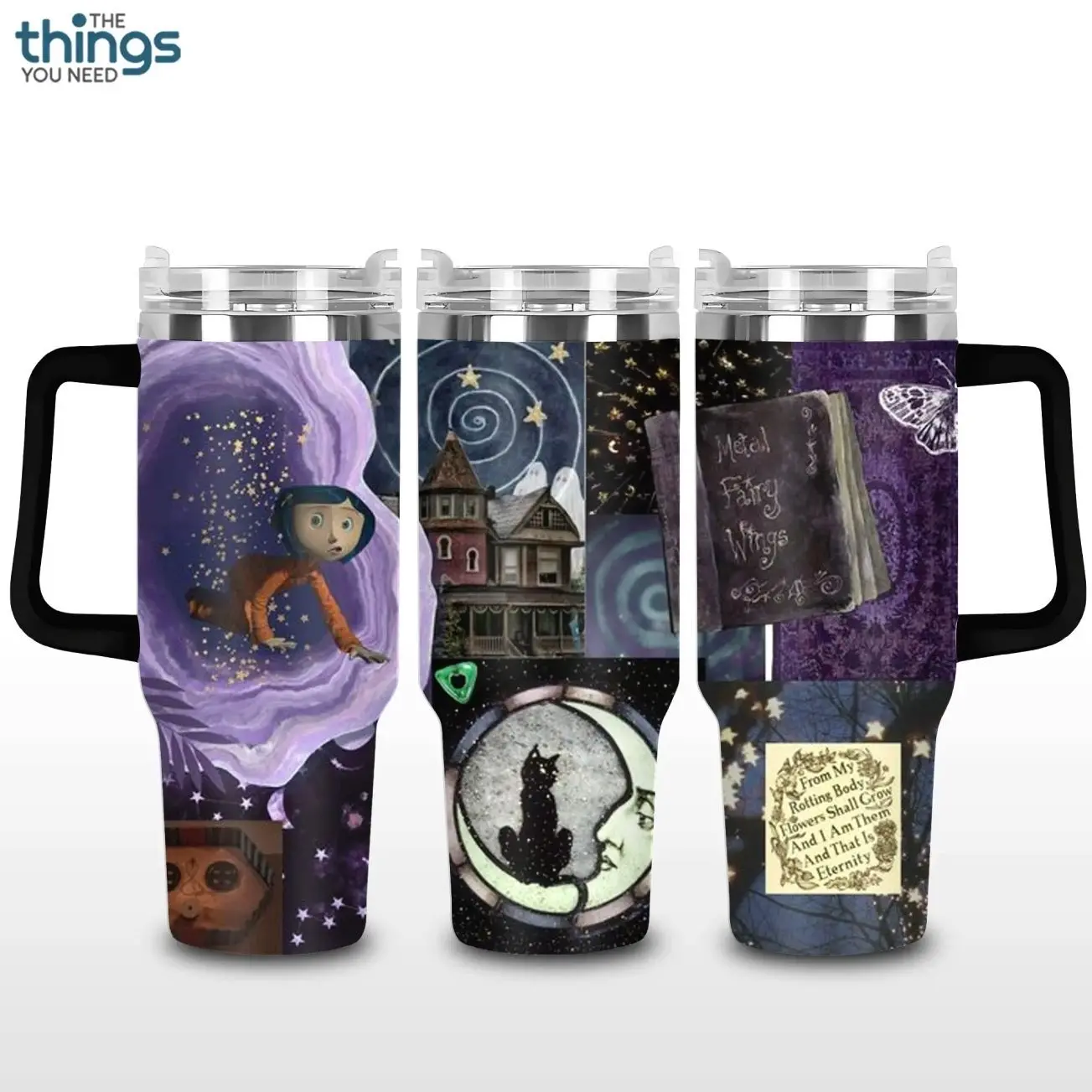 Coraline V3 20oz - 40oz Stainless Steel Tumbler with Handle and Straw, Double Wall Vacuum Insulated Travel Mug, Coraline Movie Cartoon Fantasy Character Design, Leakproof Hot Cold Drink Cup, Gift for Coraline Fans and Collectors