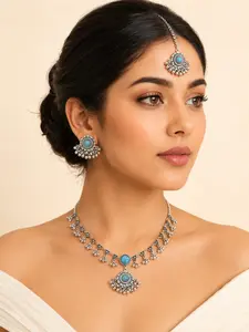 Women’s Indian Style Turquoise Jewelry Set, Silver Tone Necklace Earrings & Maang Tikka Set, Bollywood Ethnic Jewelry for Wedding Festival Party
