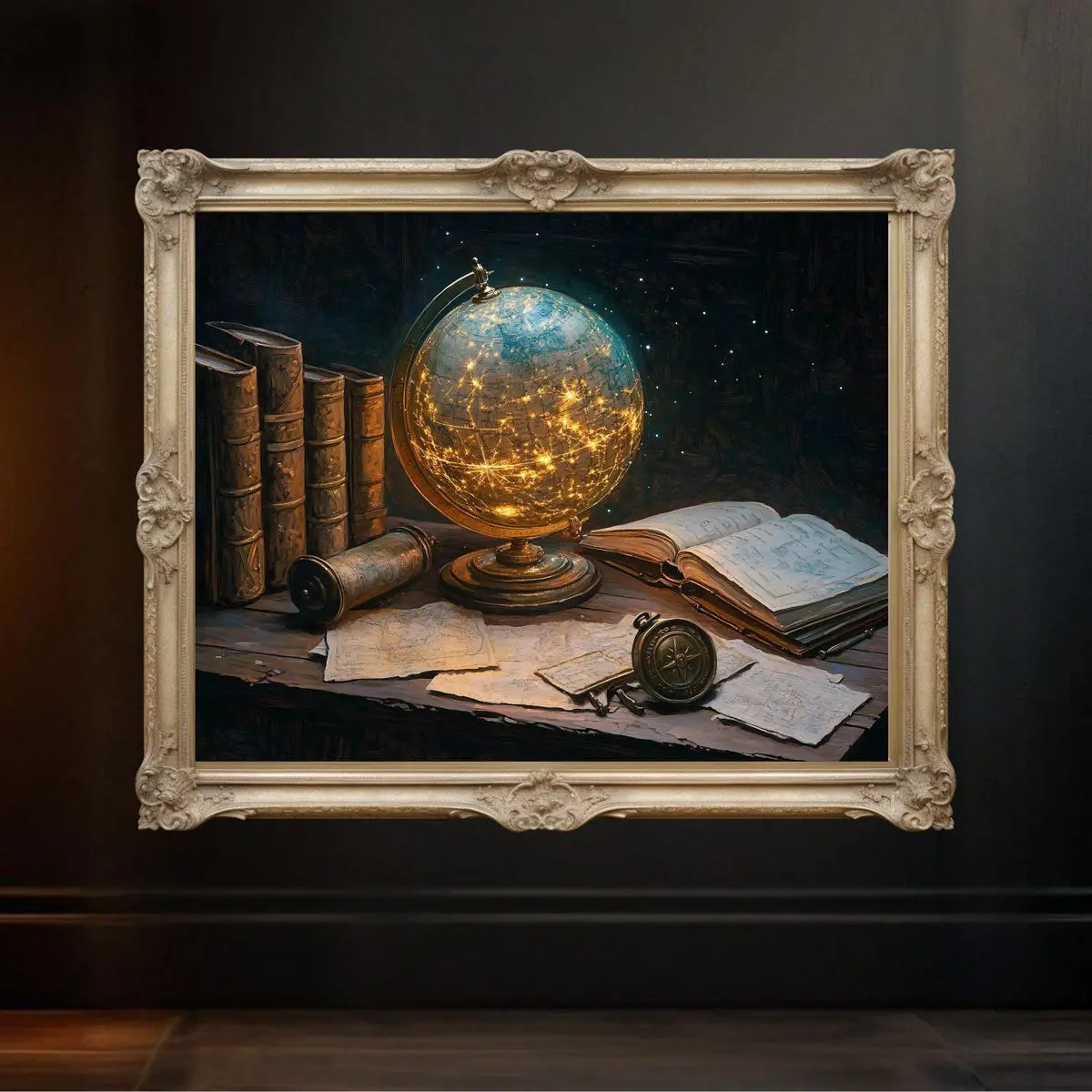 Vintage Globe Map Art Print, Antique Books Wall Art, Astronomical Desk Decor, Illuminated Globe Picture, Old Map Illustration, Unframed
