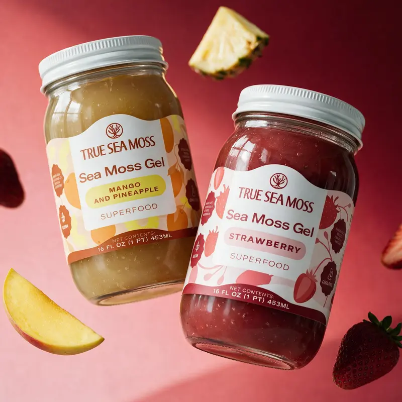 True Sea Moss Gel 2-Jar Bundle: Mango-Pineapple & Strawberry – Rich in Essential Minerals & Vitamins – supports overall vitality
