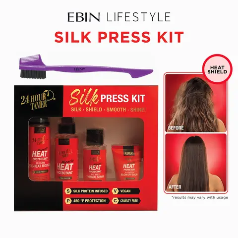 EBIN 24 Hour Tamer Heat Protectant Styling Kit with Free Edge Brush - 450°F Protection, Frizz Control, Lightweight Shine, Smooth Blowout Haircare (Includes Balm & Serum for Curly Hair)