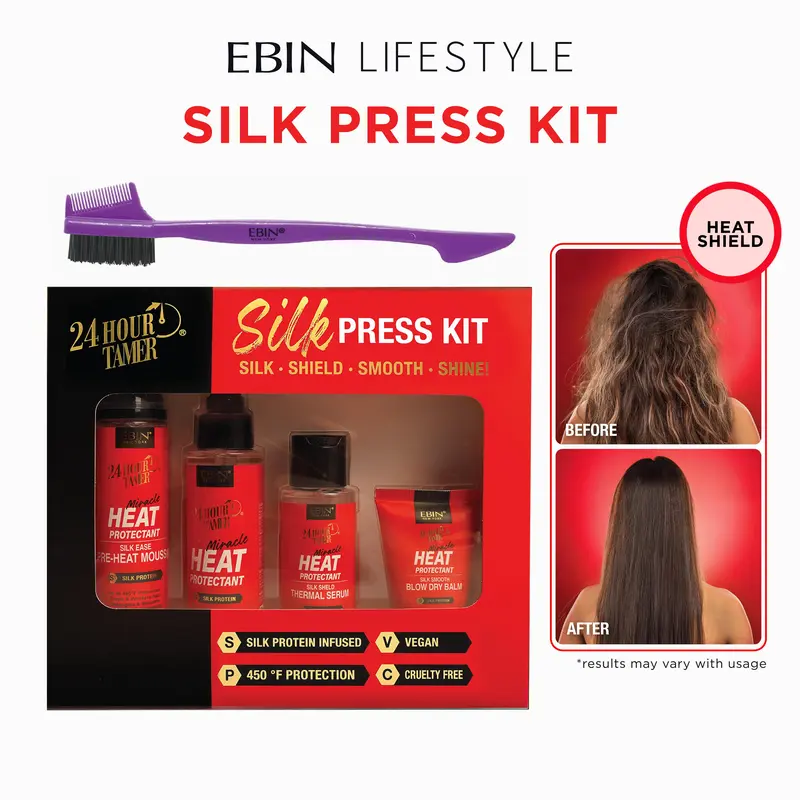EBIN 24 Hour Tamer Heat Protectant Styling Kit with Free Edge Brush - 450°F Protection, Frizz Control, Lightweight Shine, Smooth Blowout Haircare (Includes Balm & Serum for Curly Hair)