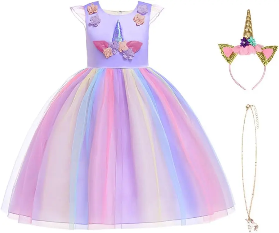 Kids' Princess Unicorn Fancy Dress - Round Neck, Birthday Wear, with Necklace & Headband for Toddlers (Princess Look Design)