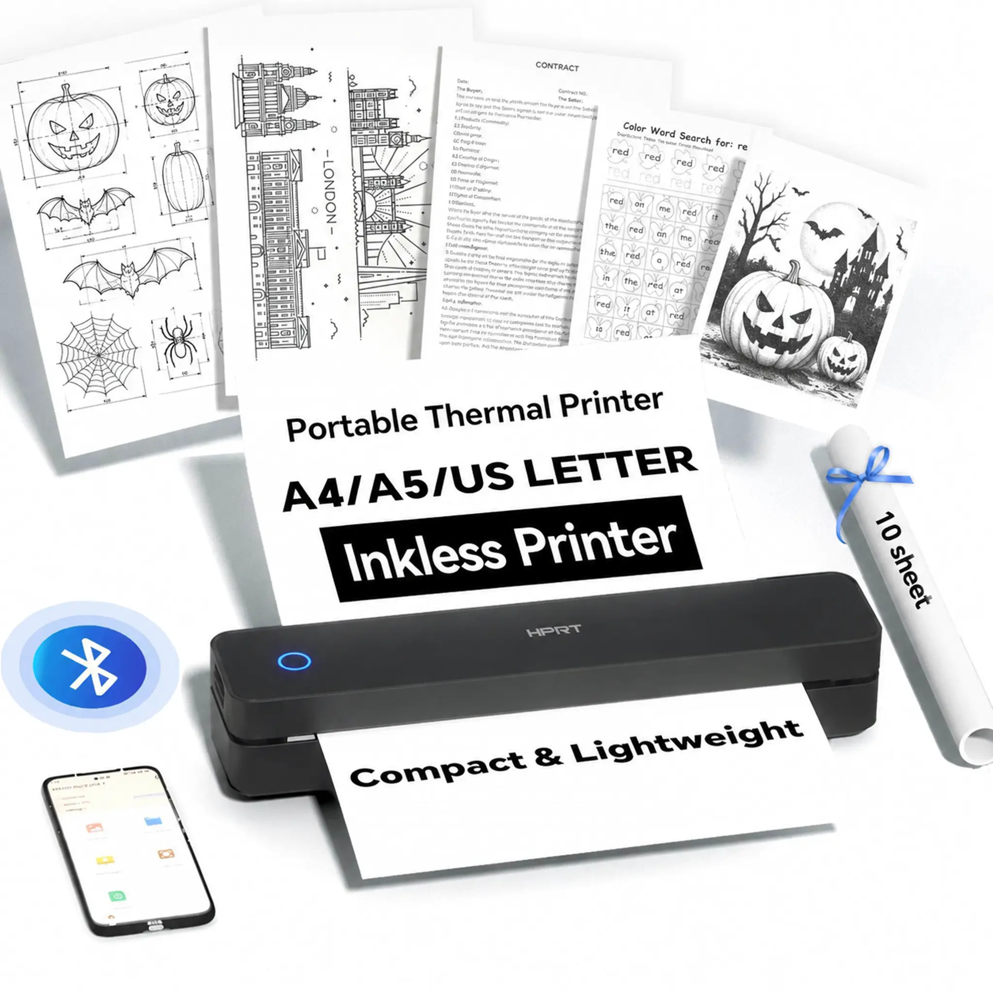Portable Wireless Thermal Printer for Travel - Supports 8.5"x11" US Letter & A4 Thermal Paper, Inkless Bluetooth Document Printer for Laptop, PC & Mobile Devices