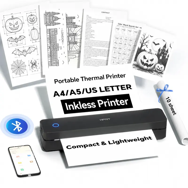Portable Wireless Thermal Printer for Travel - Supports 8.5"x11" US Letter & A4 Thermal Paper, Inkless Bluetooth Document Printer for Laptop, PC & Mobile Devices