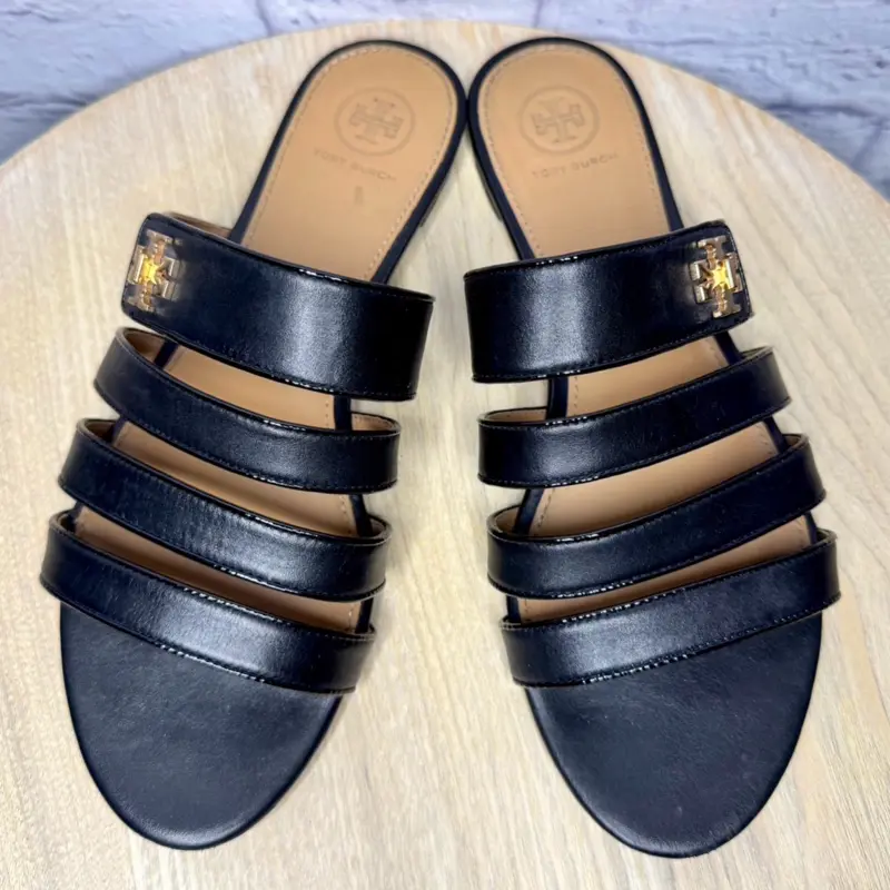 Tory Burch Kira black leather straps flat sandals size 8M