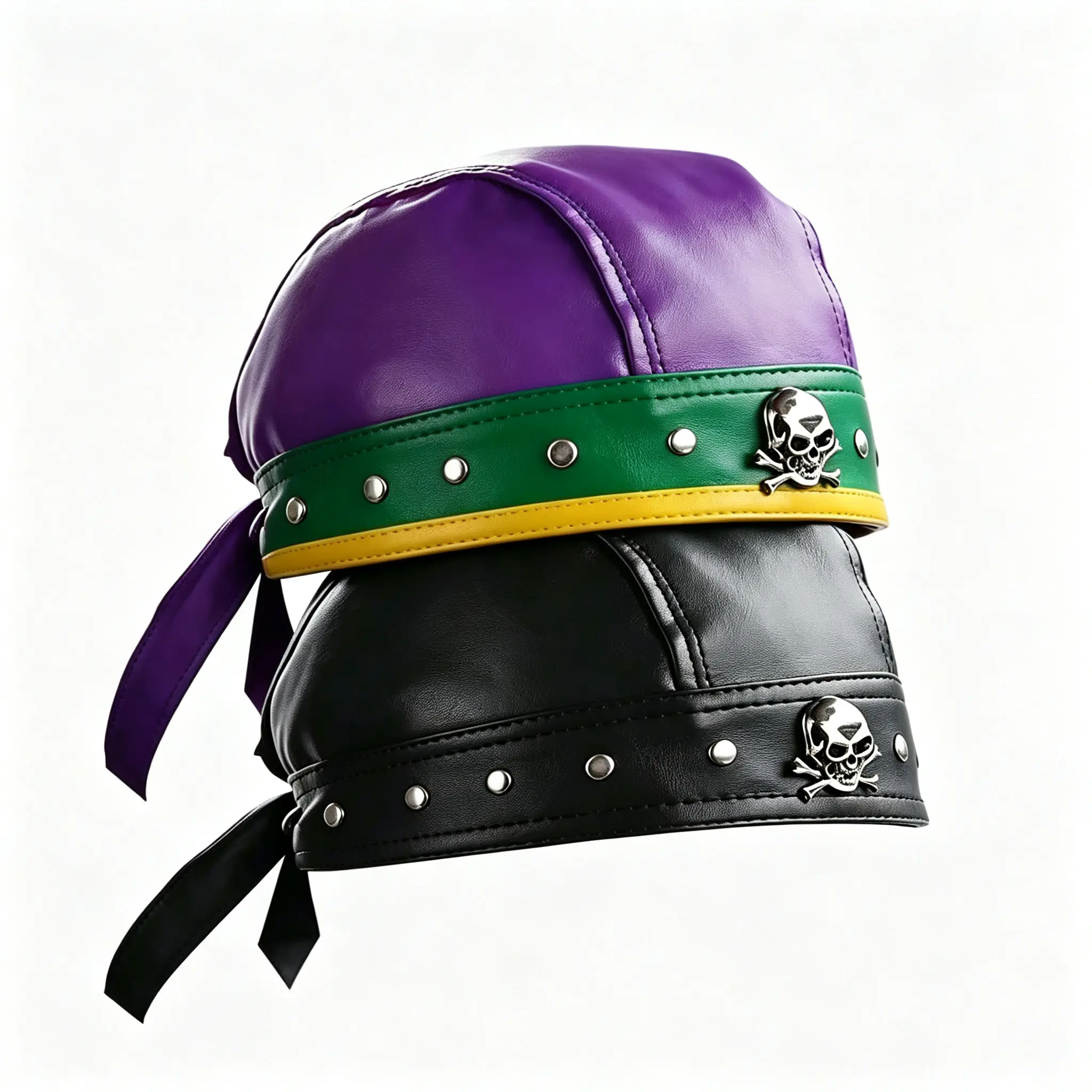 2-Piece Unisex Biker Full Headwrap, Soft PU Leather Skull Cap with Rivet Accents, Skull & Cross Emblem and Adjustable Tie
