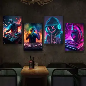 4pcs/set Frameless （2D）Neon Design Music Cool DJ Headphone Poster Canvas Painting Abstract Wall Art For Modern Bar Club Room Home Decor Unframed Wall Art Cuadros （No LED）