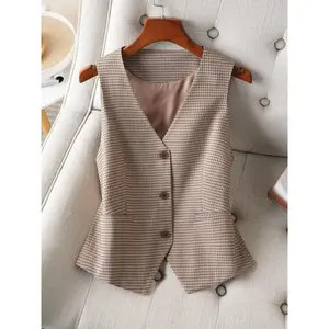 Women’s check-print button-front vest jacket, casual V-neck sleeveless vest, suitable for office business, women’s spring and autumn clothing, formal wear GARMENTARY