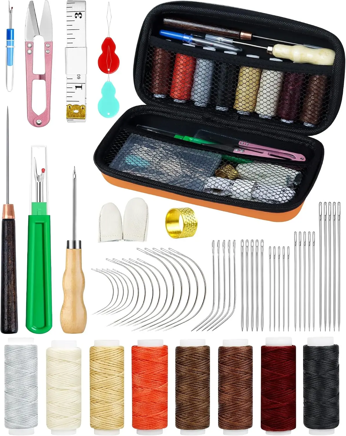 8 Colors Waxed Thread Leather Sewing Kit, 47 Pcs Upholstery Repair Kit with Waxed Thread, Sewing Awl, Hand Stitching Needles, Leatherworking Tools for Car Seats, Sofa, Shoes, DIY Craft