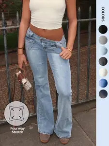 NVFelix Low Waisted Flare Jeans for Women Y2k Double Button Stretch Skinny Bootcut Denim Pants