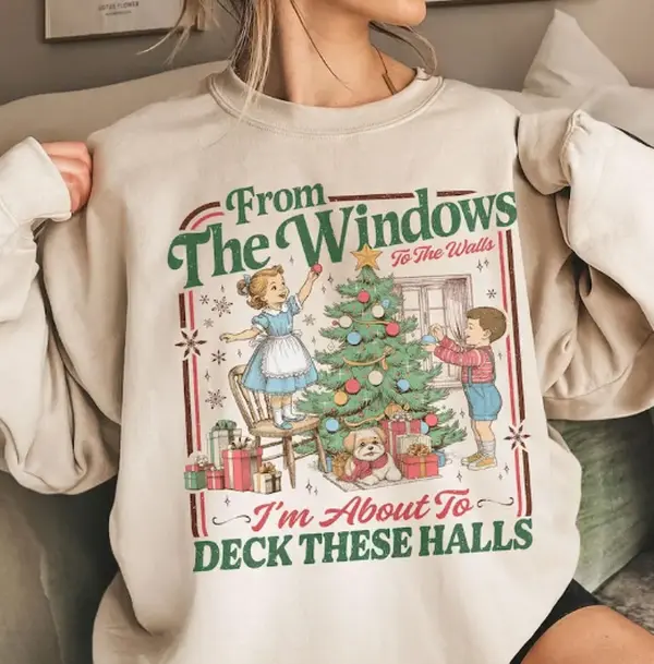 Women's Cotton Casual Graphic Short Sleeve Sweatshirt - "From The Windows To The Walls I'm About To Deck These Halls" Funny Retro Xmas Party Top, Holiday Gift, Cute
