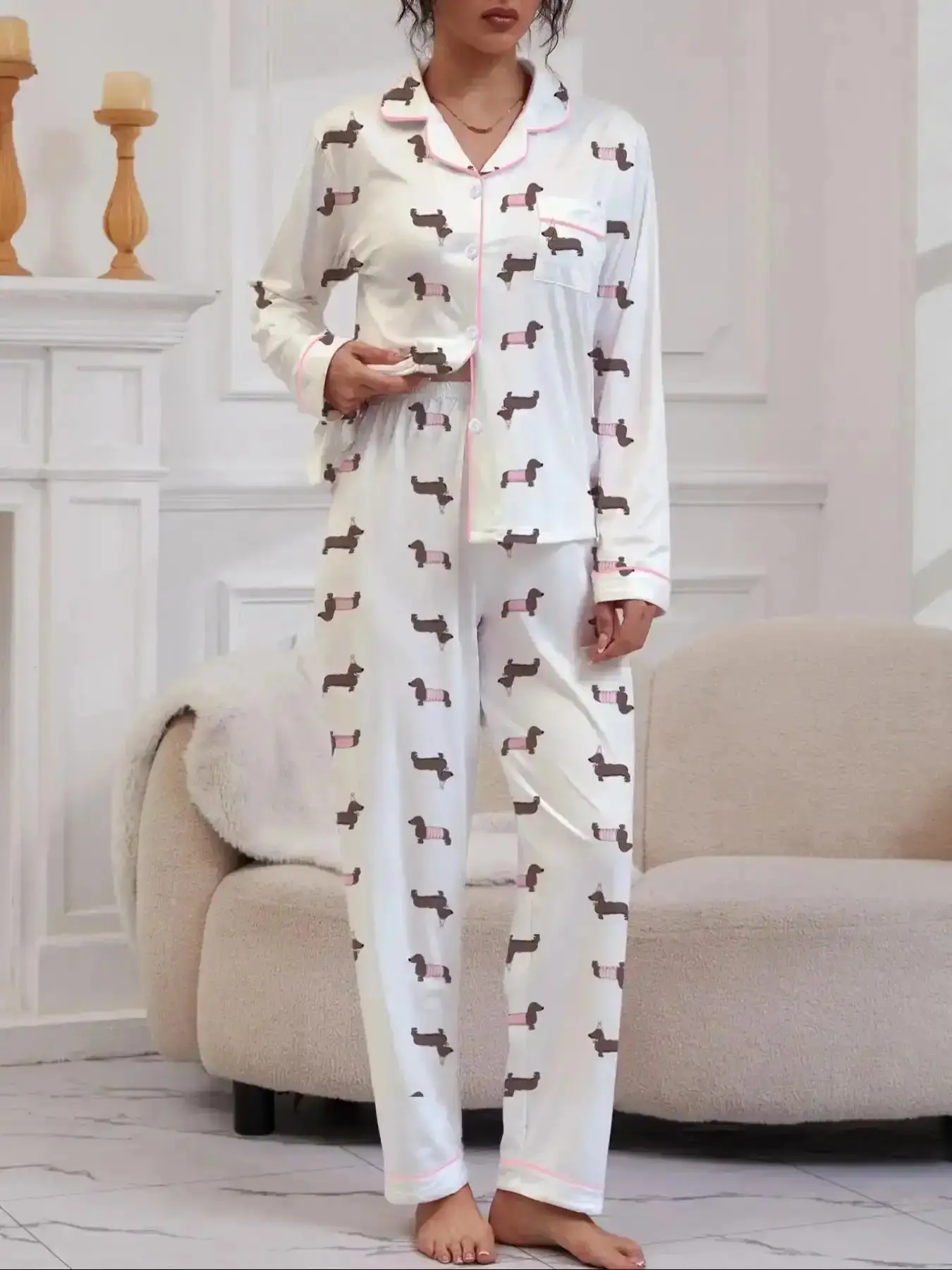 Women's Cute Sausage Dog Print Pajama Set Long Sleeve Lapel Shirt and Elastic Pants Casual Fall Winter Sleepwear Loungewear Homewear multi pocket everyday comfort urban streetwear relaxed style, Cozy, Soft