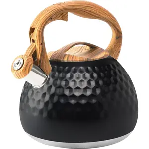 Tea Kettle Stovetop, 3.2 Qt Stainless Steel Whistling Kettle for Stove Top, Food Grade Teapot with Wood Pattern Handle for Coffee, Milk etc, Gas Electric Applicable (Black)