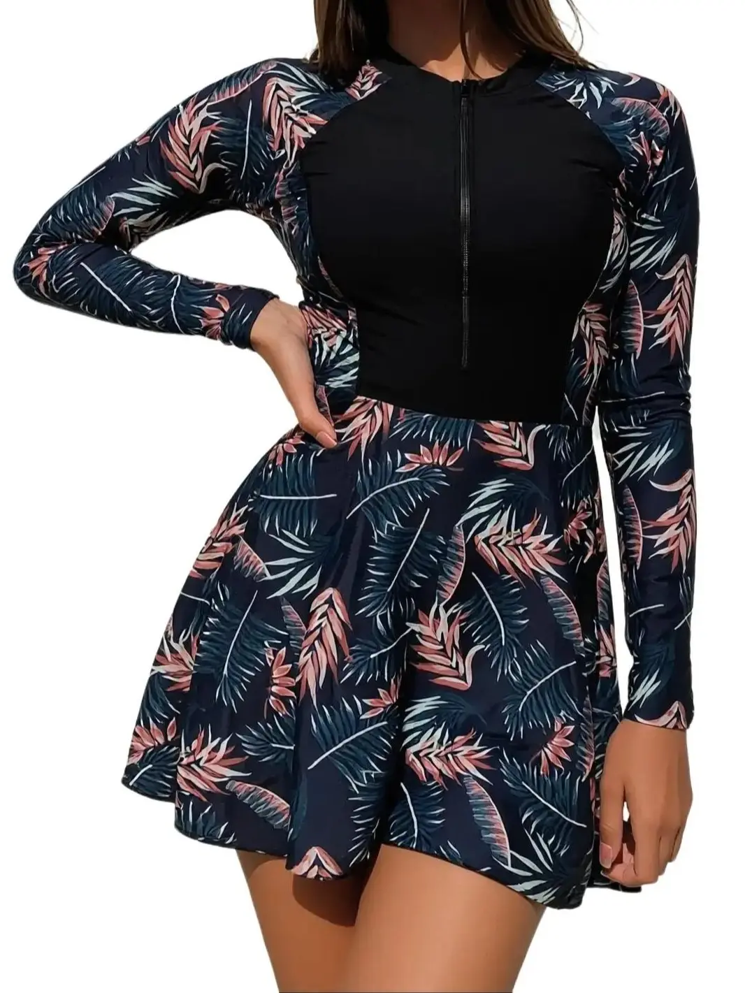 Women's Navy Tropical Palm Print High Neck Long Sleeve Zipper Swimdress - Tummy Control Modest Fit Quick Dry Rash Guard Swimsuits for Surfing, Beach Vacation, Swimdress Swimsuits, Swimsuits Tummy Control