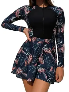 Navy Tropical Palm Print Long Sleeve Zipper Swim Dress, Tummy Control Modest One-Piece Swimsuit for Women Quick Dry Rash Guard for Surfing & Beach Vacation