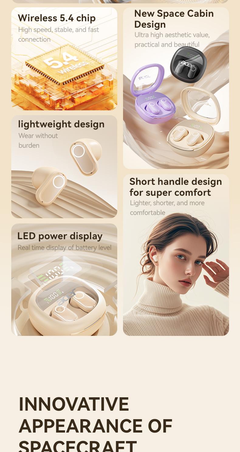 Acer OHR513 Wireless Earphone,In-ear Design Earphones with Digital Cal, LongStandby Headset for Men & Women, Audio Earbud Electronic ear headphone fast charge Black