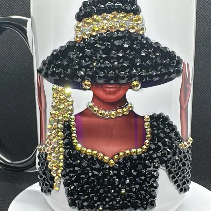 Church Lady Hat Ceramic Coffee Mug, Blinged with Pearls and Black and gold  Rhinestones, 15oz