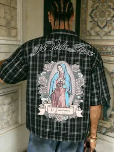 Men's Summer Gingham Loose Classic Casual Button Short Sleeve Shirt, Short Fit Design, Saint Mary Faith Graphic, Vintage Street Style